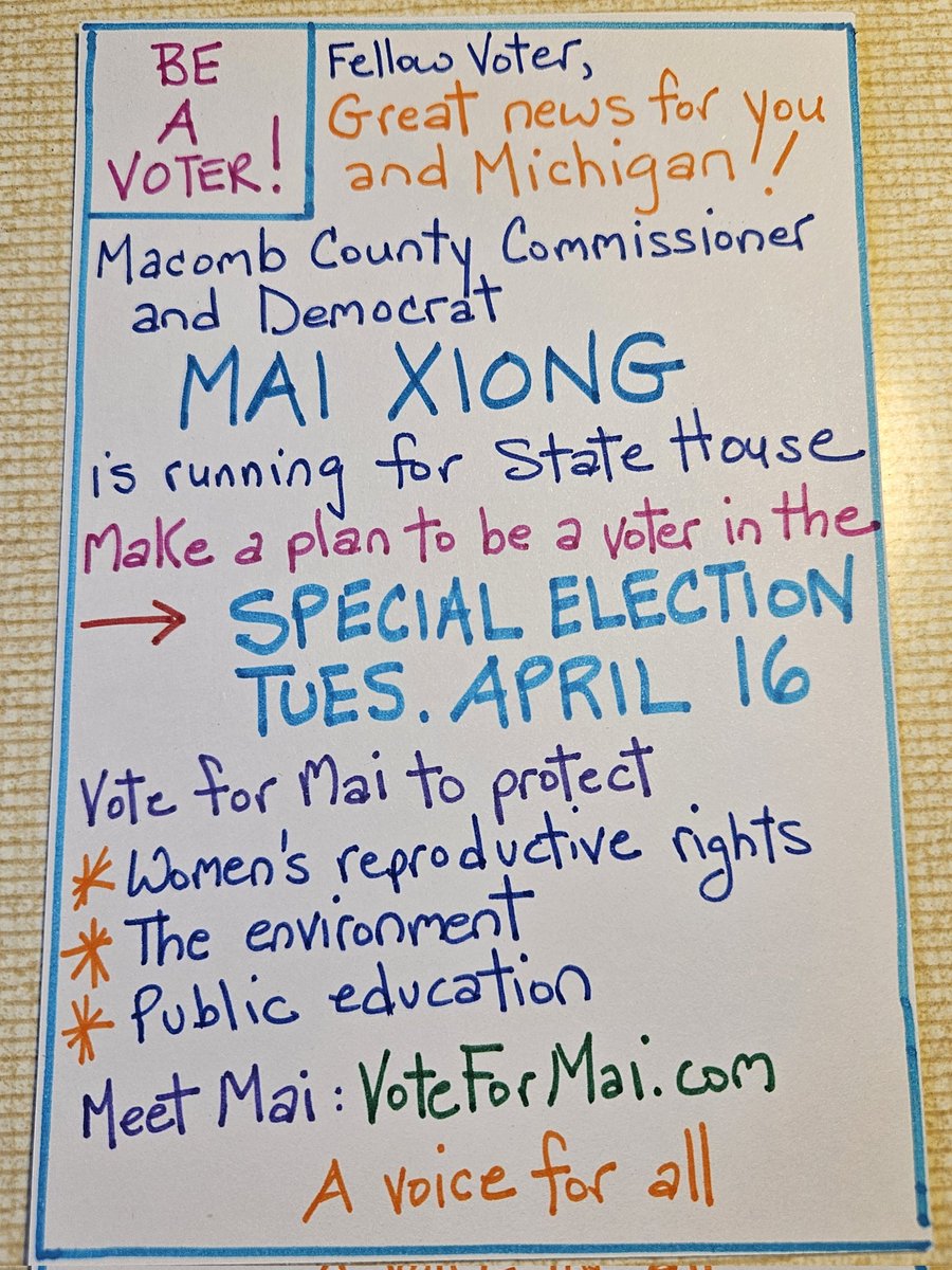 #VoteForMai #MaiXiong  #MichiganVotes #WarrenMichigan #DetroitMichigan #Detroit #Michigan #VoteBlue #SpecialElection #PostcardsToVoters