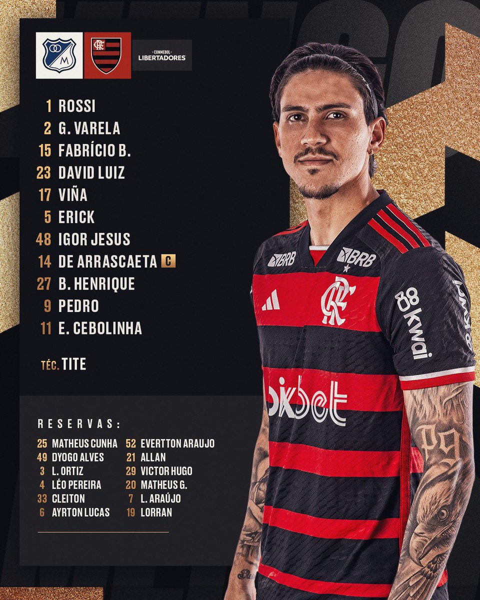 NOSSO TIME É A GENTE EM CAMPO! O MENGÃO ESTÁ ESCALADO PARA ENFRENTAR O MILLONARIOS, PELA @libertadores! 

#VamosFlamengo #MILxFLA