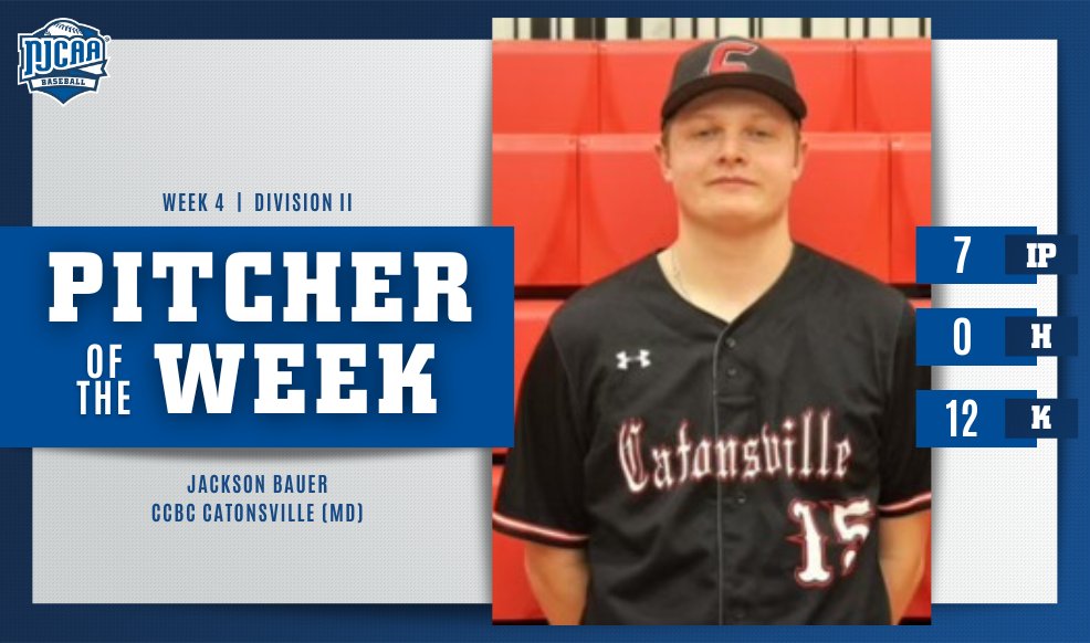 🚨No Hitter Alert!🚨 Jackson Bauer of @CCBCCardsSports threw seven no hit innings with 12 strikeouts to earn the win and #NJCAABaseball DII Pitcher of the Week. #NJCAAPOTW