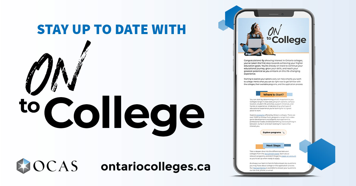 ON to College, ontariocolleges.ca's monthly newsletter, is a great resource for learners, guidance counsellors, or anyone who wants to know more about college. Sign up today at bit.ly/3Cx2vne. #OntarioColleges #EducationMatters #OntarioEducation #HigherEducation