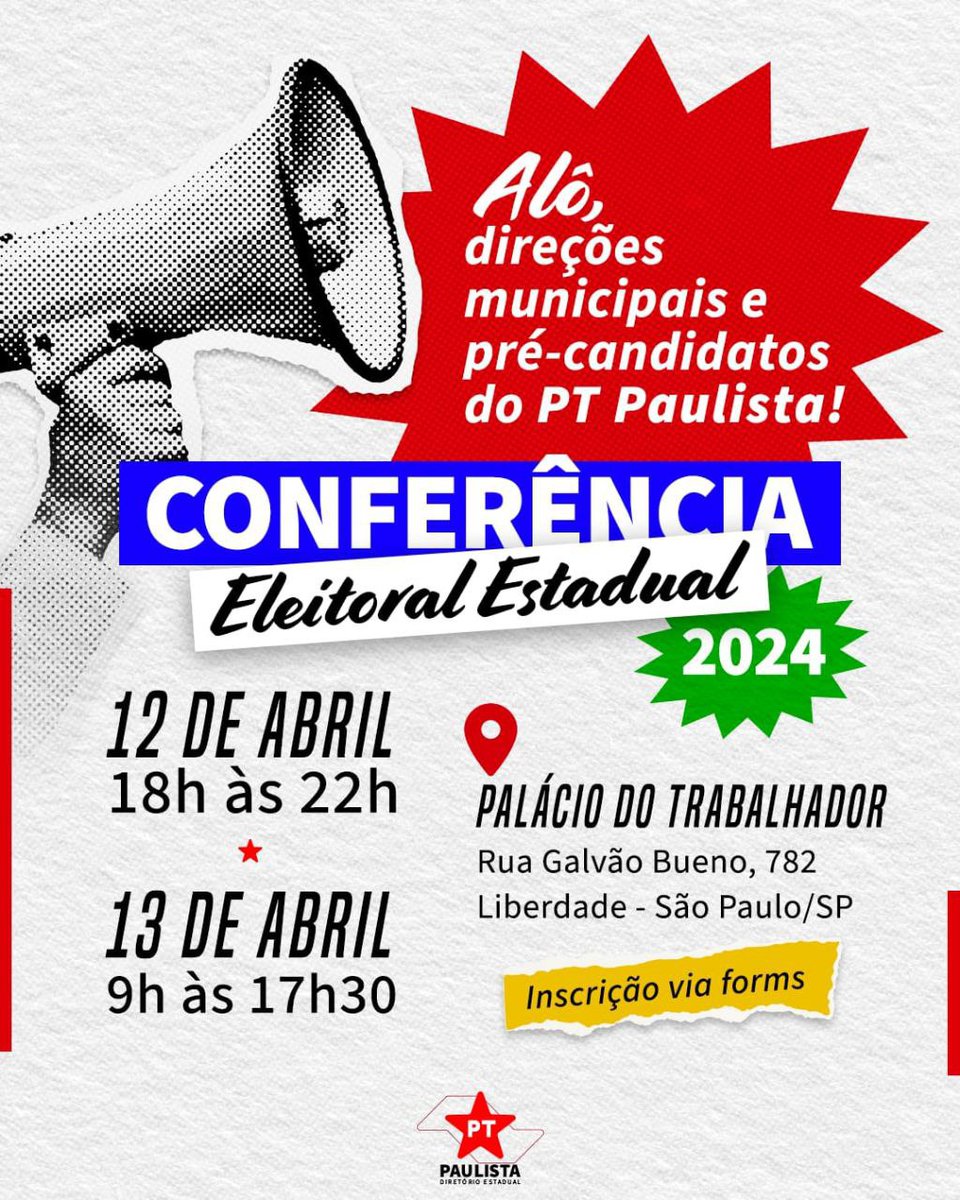 A Conferência Eleitoral do PT Paulista já tem dia e hora marcados! Direções municipais e pré-candidatos do nosso partido já podem se inscrever para participar em nosso formulário: forms.gle/LtF5YE9kn9iNah…
