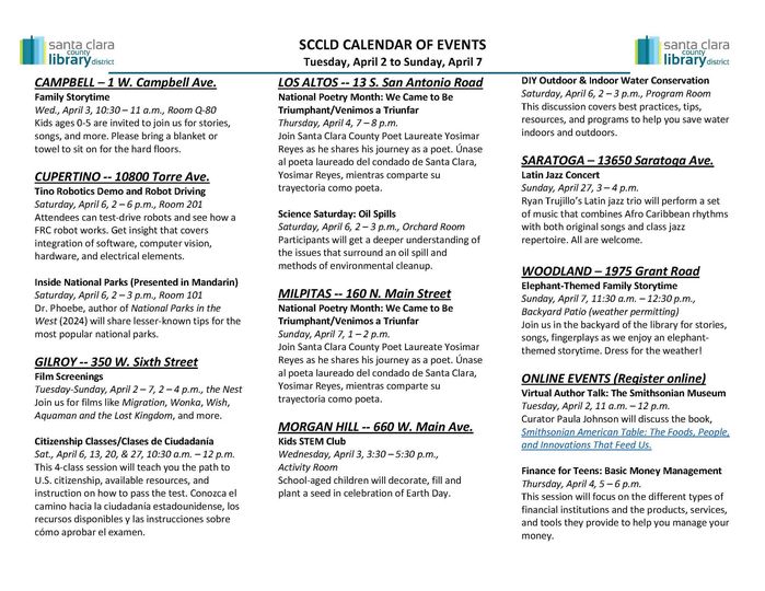Our libraries are back open today, after the Easter and Cesar Chavez holiday closures. Here is a snapshot of the programs happening in our libraries this week. Find our full calendar at sccld.org/events/