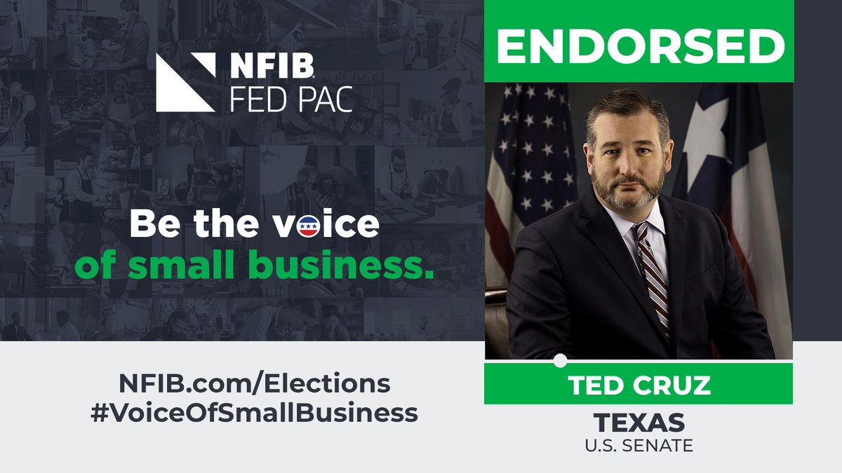 #NFIB's FedPAC is proud to endorse @tedcruz for re-election to the U.S. Senate. “Senator Ted Cruz has always been a strong champion of free enterprise and small business,” said @nfib_tx State Director Jeff Burdett. #TXSen #VoiceofSmallBusiness More: nfib.com/content/news/e…