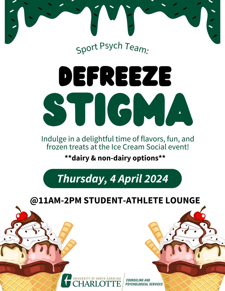 ATHLETES!!! Reminder of the Sports Psych Team ice cream drop-in TOMORROW from 11am-2pm @Student-Athlete Lounge. See ya’ll there🍦🍦🍦#iscream4icecream