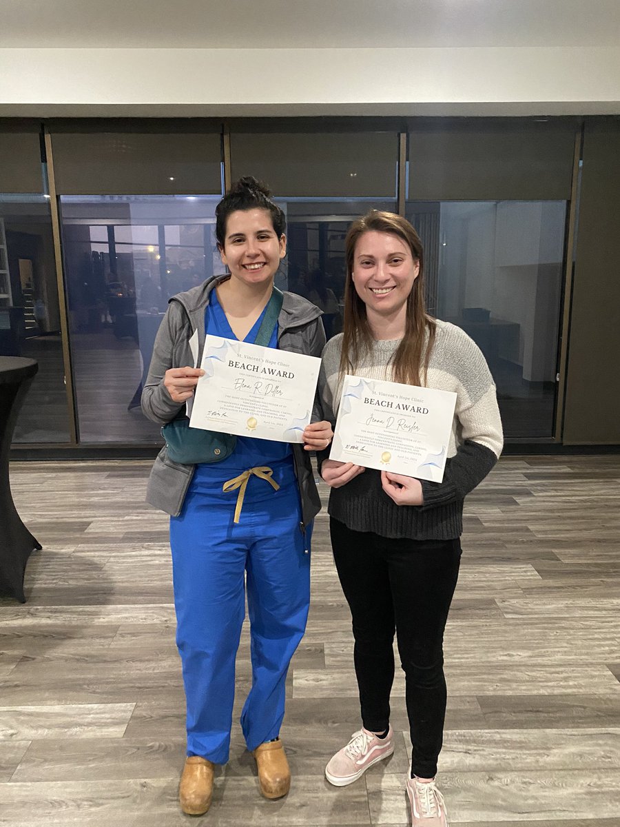 Congratulations to two of our interns, Dr. Diller and Dr. Reisler, on being awarded the 2024 Beach Award for Excellence in Service for their work at St. Vincent’s Student-Run Free Clinic. Great work! 🎉🤩
