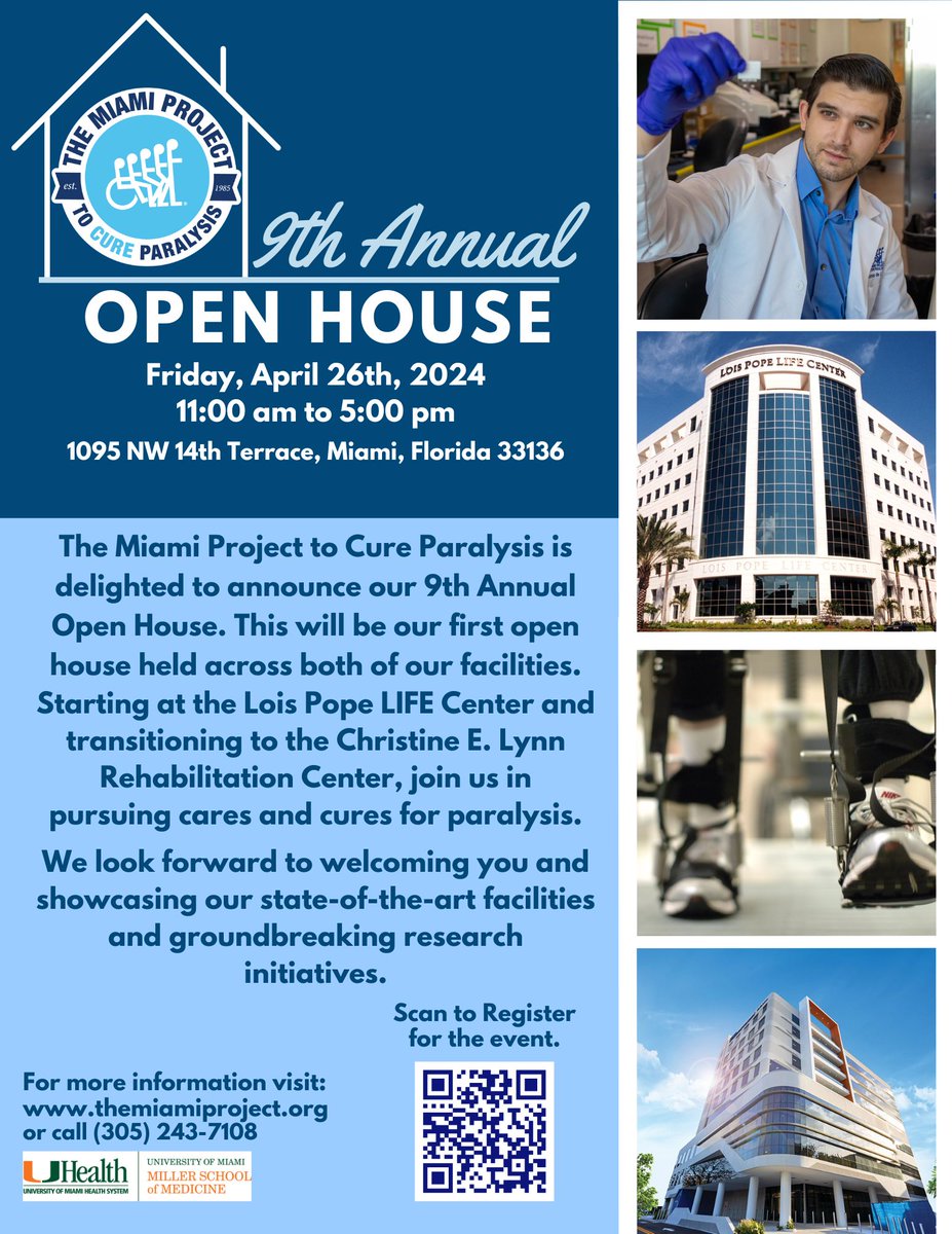 The Miami Project wants you to join us for our 9th Annual Open House. Visit to learn more about our state-of-the-art facilities and groundbreaking research. RSVP here: bit.ly/3T3X1Hh #LifeChangingScience #MiamiProject #NeuroscienceResearch #UniversityofMiami