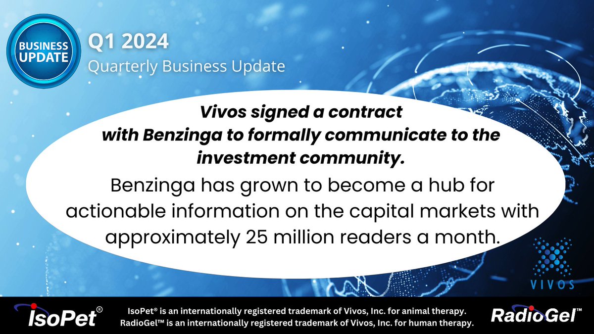 Vivos Inc. is excited to partner with Benzinga to broaden our reach so more people hear when news of our cancer treatment becomes available for human use! 2024 is going to be a great year! #Cancers #CancerAwareness $RDGL #VivosIncUSA #RadioGel #IsoPet