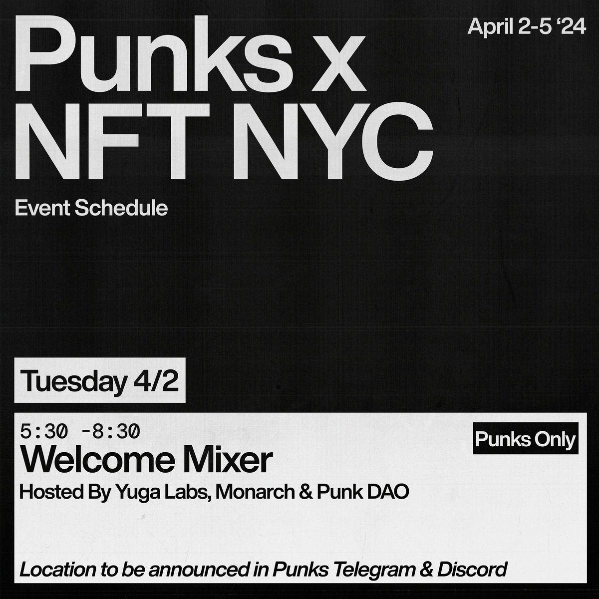 Turns out we were too Punk for Hudson Yards. A new location for tonight’s NFT NYC Welcome Mixer will be announced in the Punks Telegram and Discord.