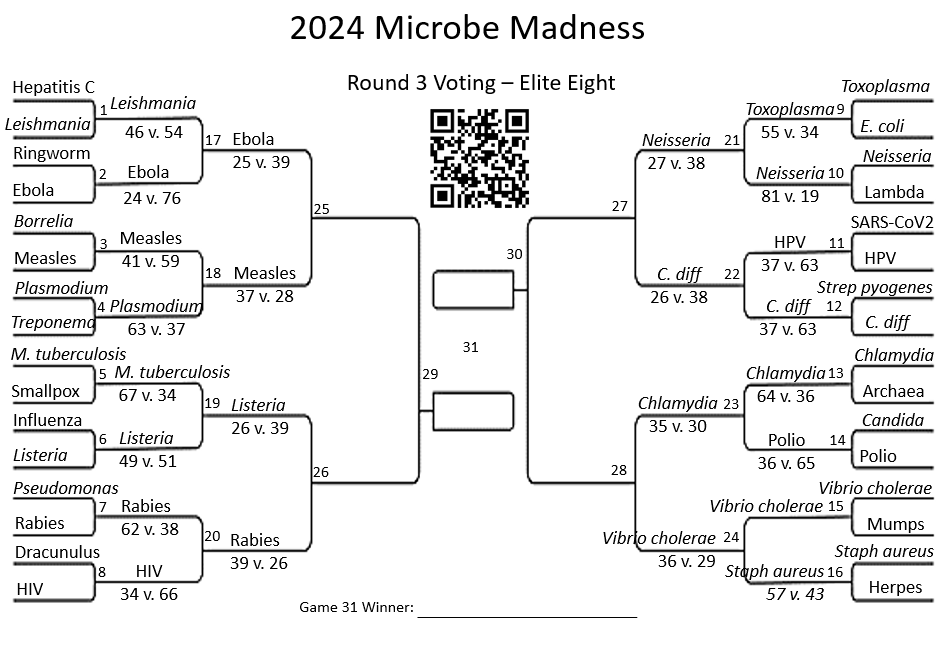 In Round 3 of Microbe Madness, a tie between Vibrio cholerae and Staph aureus caused a delay! Vibrio's overtime win pushed it into the Elite Eight. Diarrheal pathogens dominate, STD pathogens persist, 3 viruses & 5 bacteria remain. Vote: forms.gle/oaFmGXTJjBFDB6…