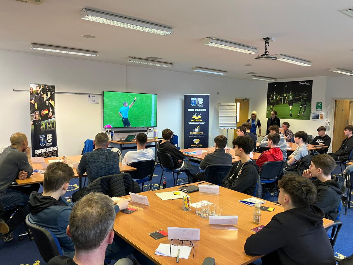 REFEREE COURSE UNDERWAY ✅

Our latest <a href="/FARefereeing/">FA Refereeing</a> Referee Course is underway at Cheshire FA HQ this evening, as we welcome a room full of budding match officials to get started on their officiating journey! 👏📚

Best of luck to everyone taking part, enjoy it!

🤝 <a href="/TheRefStop/">The Ref Stop</a>