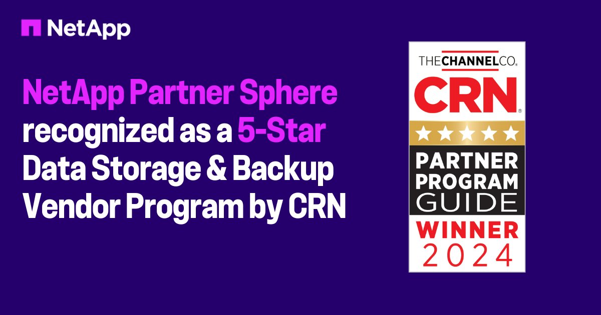 Thank you @CRN, for recognizing #NetAppPartnerSphere as a 5-Star Data Storage & Backup Vendor Program in the CRN 2024 Partner Program Guide! We're proud to offer an innovative program with margin opportunities & incentives focused on flash, #AI, & #cloud: ntap.com/43PWPR1