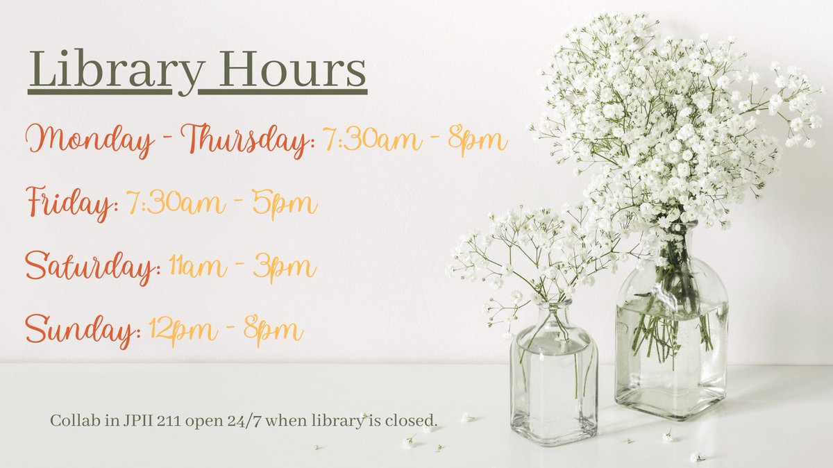 Spring has sprung and the month April is here! The library hours are posted here and on the library doors on the 1st and 2nd floors. The Collab in JPII 211 is open 24/7 when the library is closed. #vannlibrary #hours #april @USFFW