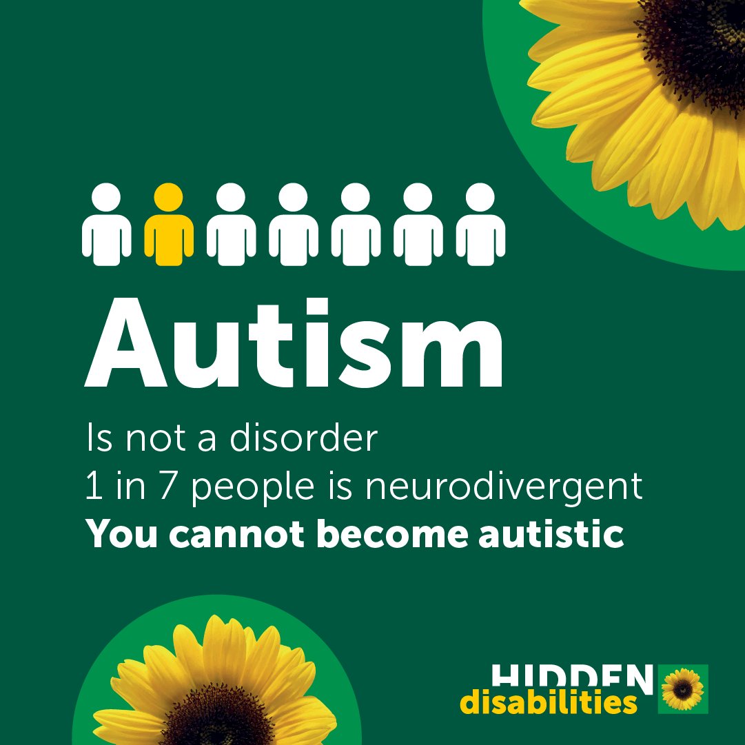 World Autism Acceptance Week

ALT:
1.  Green graphic with a yellow Sunflower. Text reads: Autism. Is not a disorder. 1 in 7 people is neurodivergent. You cannot become autistic. 

#WAAW #WorldAustimAcceptanceWeek #Autism #PurpleTuesday @autisticNotts