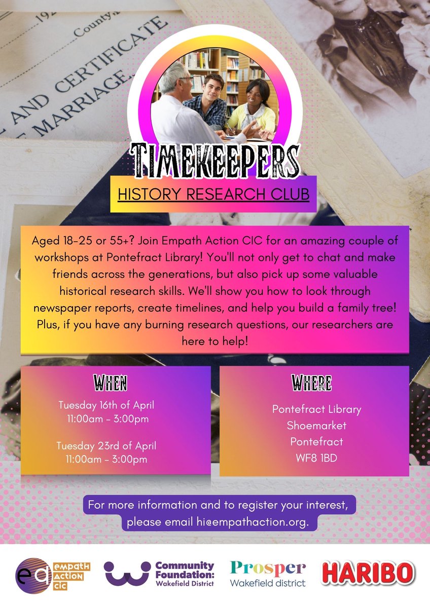 WFlibraries's tweet image. 😀Join @empathaction for amazing workshops at #PontefractLibrary!
Make new friends and learn historical research skills!
📅Tue 16 Apr ⏰11am-3pm 📍Pontefract Library
&amp;amp;
📅Tue 23  Apr ⏰11am-3pm 📍Pontefract Library
To register interest email hie@empathaction.org