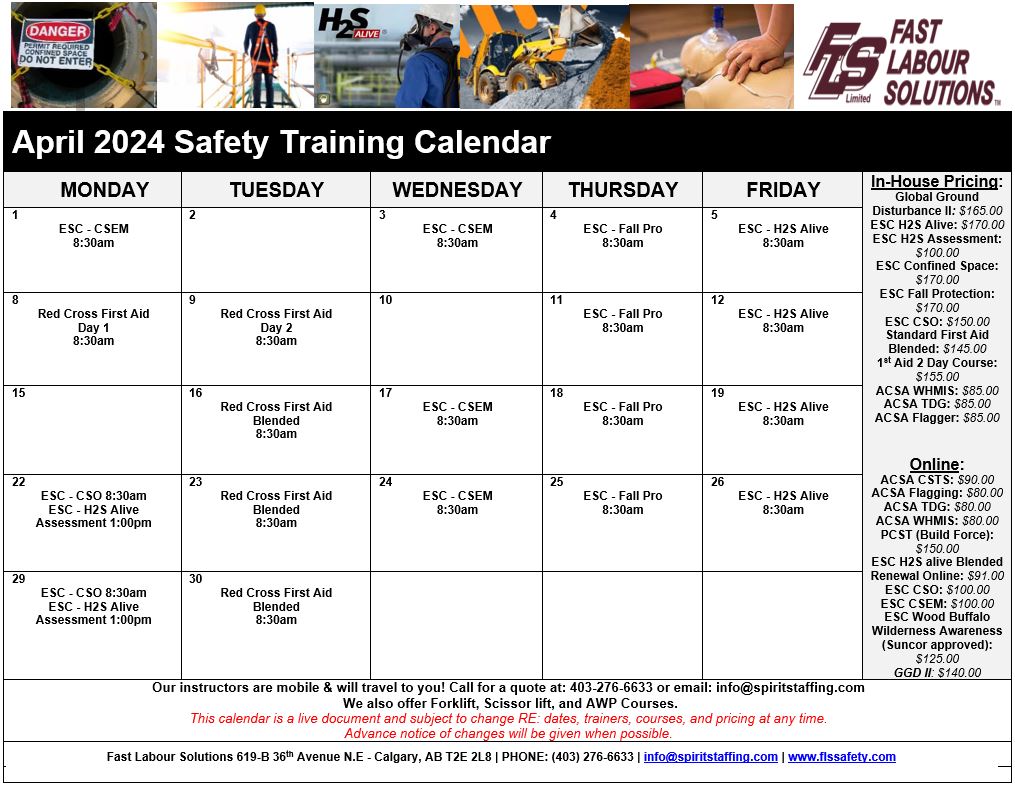 Spirit_Staffing's tweet photo. April 2024 ESC - Certified Safety Training Calendar!
Book your spot today!
Contact: 403-276-6633 or info@spiritstaffing.com https://t.co/1IVE9a6O8Q