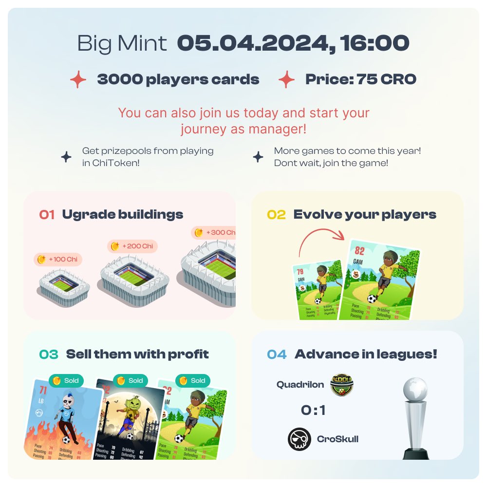 Not a meme but #CronosBuilders 🧱

Due to #Cronos update we had to postpone the mint. 

05/04/2024, $CRO 75 ⚽️

Get full team, build it and earn $CHI token! Support us and help make #crofam attractive for #Web3 gamers! 🔥

#cro #CronosChain #NFT #NFTs