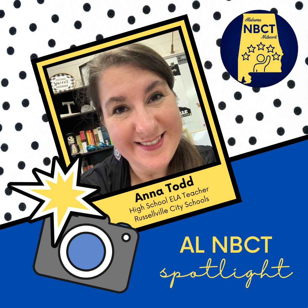 Another AL NBCT Spotlight educator: Ms. Anna Todd teaches high school ELA in Russellville City Schools. @RussellvilleK12 . She earned National Board Certification in 2009 in World Languages. She was nominated by a colleague who praised her advocacy for students. #phenomenALNBCT