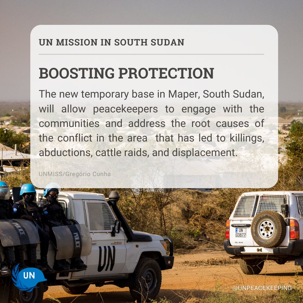 With communal tensions on the rise, @unmissmedia established a temporary base to boost civilian protection, facilitate safe delivery of humanitarian aid, and create a secure environment around Maper, South Sudan 🇸🇸. Read more 👉 bit.ly/3U3fV2Z