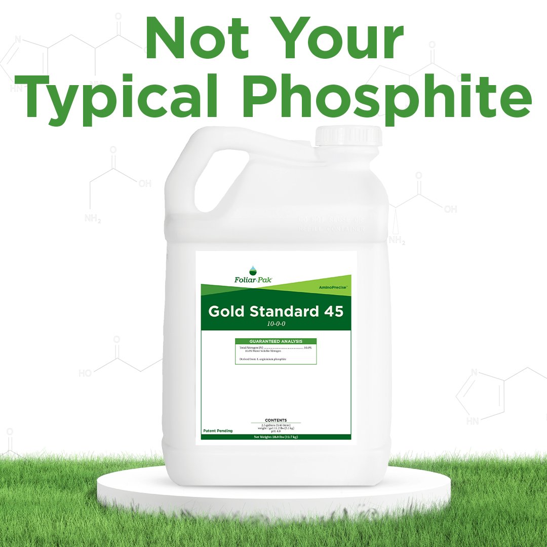 FoliarPak's tweet photo. Gold Standard is a 45% phosphite product completely complexed with amino acids. By leveraging amino acid strengths, we created a molecule more water-soluble than any of the current phosphites, allowing for a highly concentrated, low-use rate product. https://t.co/pDt03QTWtX https://t.co/MjJLYnspJ6