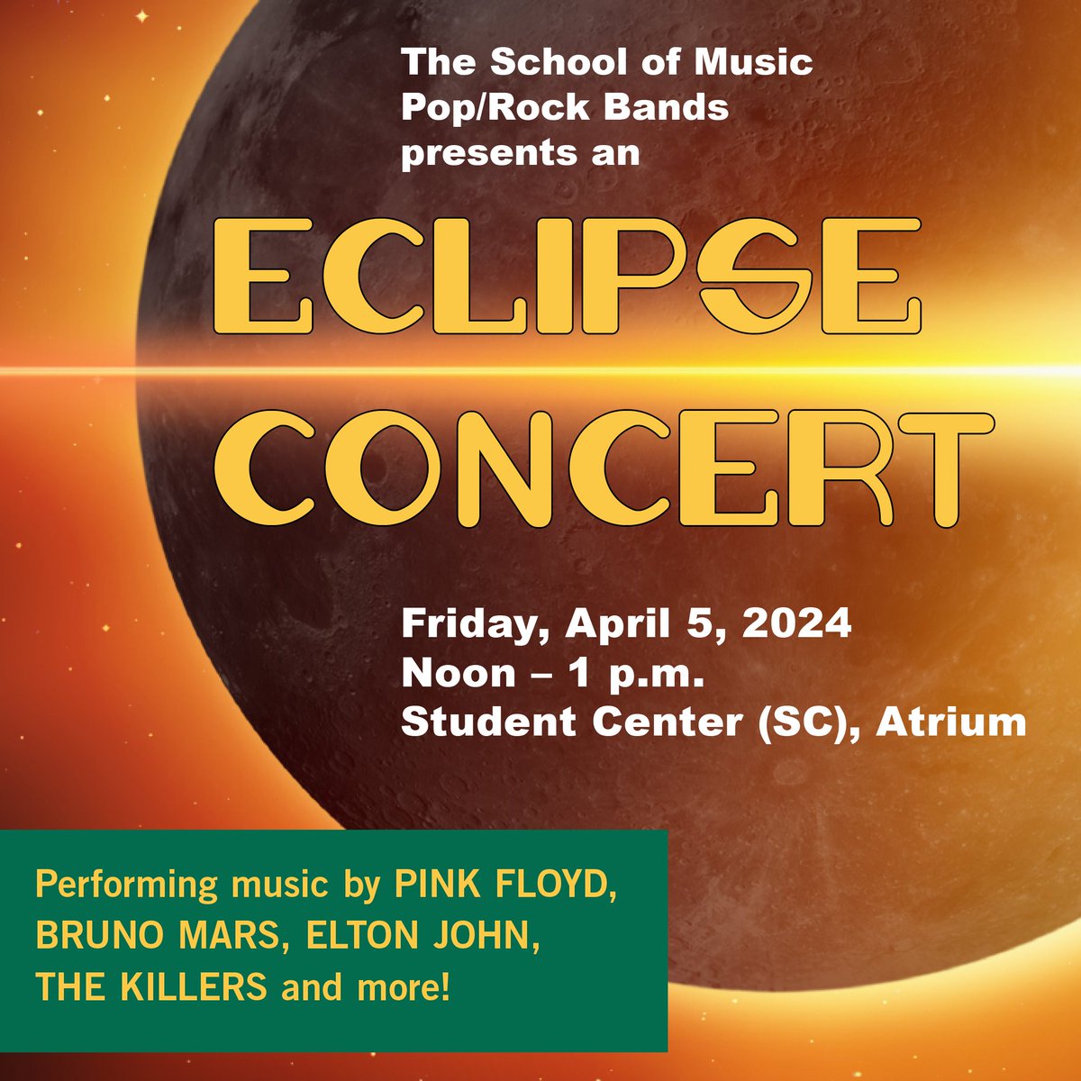🎸🌒 Don't Miss Out on the Eclipse Concert presented by CSU School of Music Pop/Rock Bands on Friday, April 5 from 12 noon - 1 pm at the CSU Student Center Atrium! For more Eclipse events, check out the link below: artscievents.csuohio.edu/2024eclipse