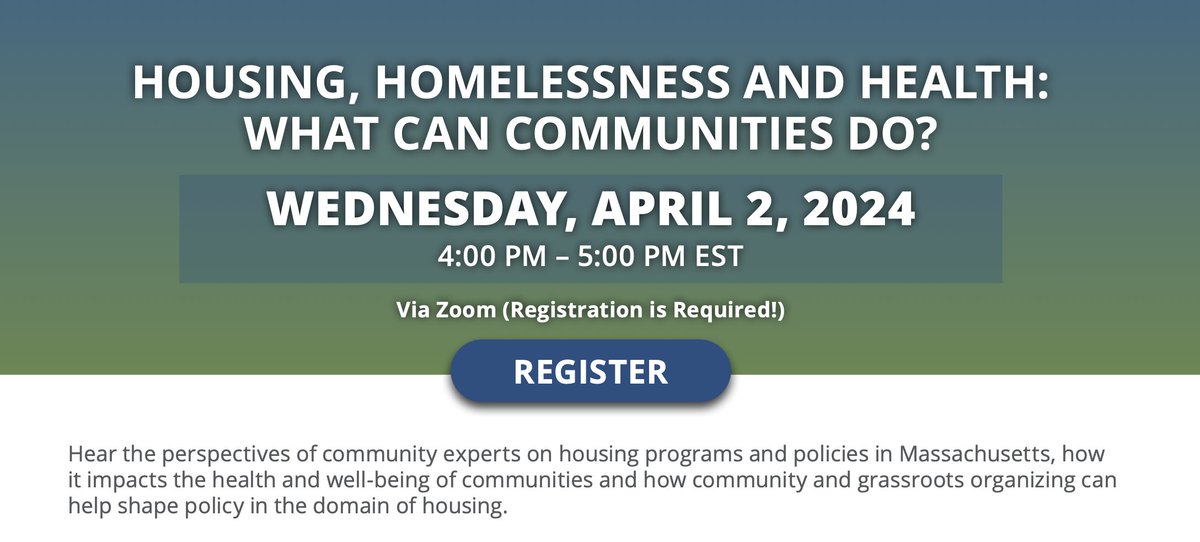 Join us TODAY at 4PM for the 2nd installment of CTSI's Housing, Homelessness, & Health series! Register now to hear from our partners at @SpringfieldNOL, @N2Nma, & @HomesforAllMass & learn how community power building is driving #housingjustice statewide. bit.ly/4aillg6