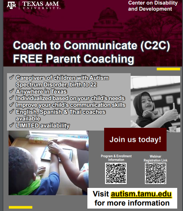 SMCISD_SEPAC's tweet photo. The Center on Disability and Development at Texas A&amp;M would like to offer training at no cost to Texas parents and caregivers of children up to age 22 with core features of autism spectrum disorder (ASD). Parents will learn how to improve their child's communication skills. https://t.co/ye0n1nAqXT