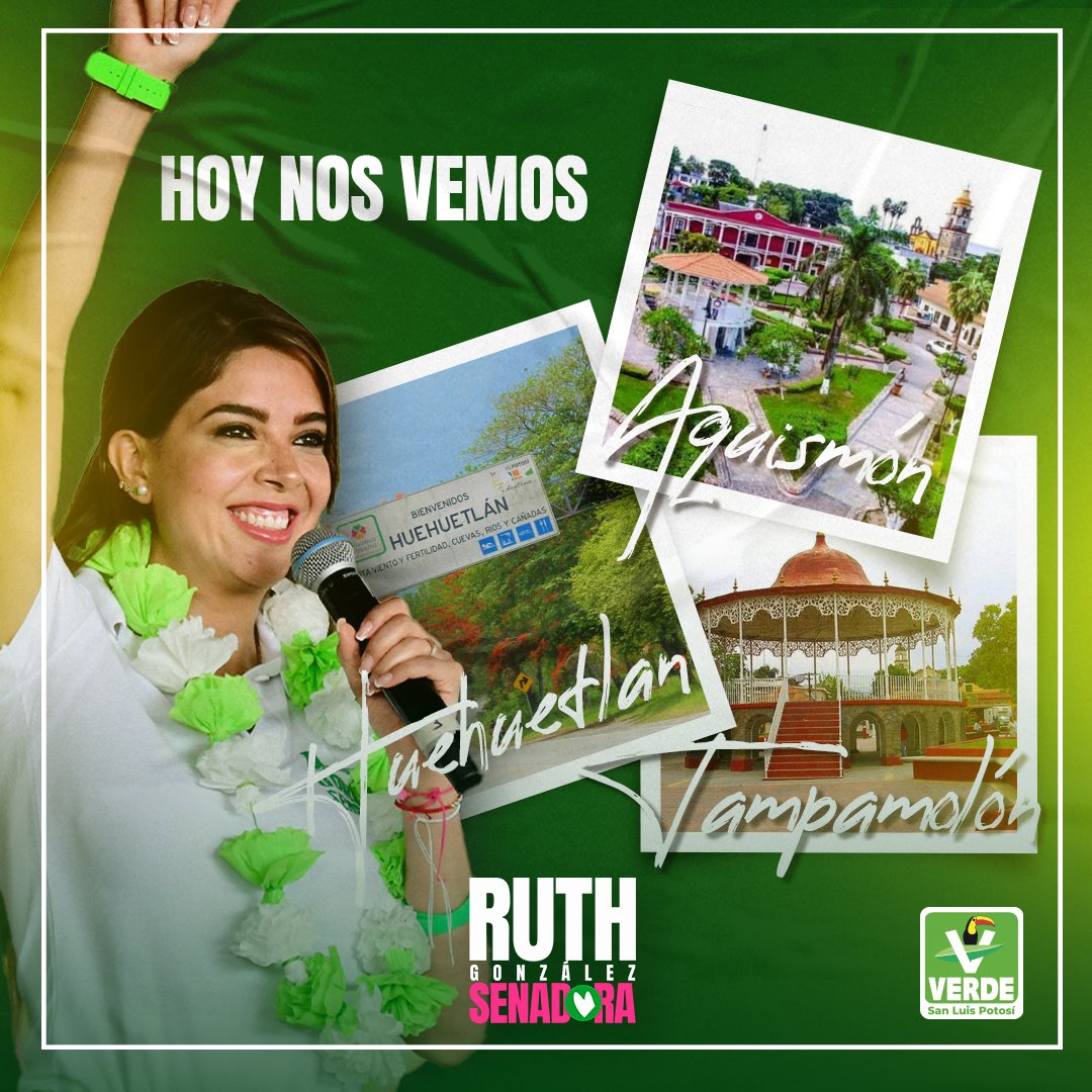 ¡Hola a todos! Estoy emocionada de compartirles que estaré visitando los hermosos municipios de Tampamolón, Huehuetlán y Aquismón. Nos vemos allá 🙌🏼💚 #Apoyototal #SLP #RGS ✨