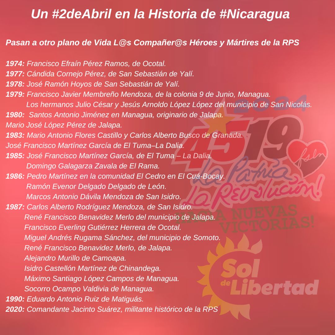 Un #2deAbril en la Historia de #Nicaragua, Pasan a otro plano de Vida L@s Compañer@s Héroes y Mártires de la RPS

#4519LaPatriaLaRevolucion
#ManaguaSandinista
#Nicaragua