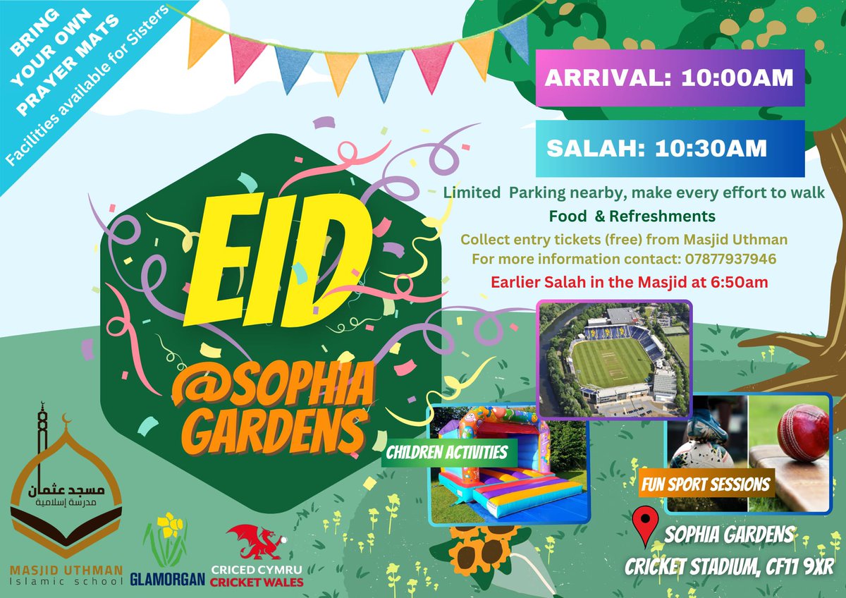 Big thanks to Brychan & @Glamcommunity team for arranging Eid prayer to be held @SophiaGardens this year🔥😍 Should be a great day for the community, with activities & refreshments available on the day 💯 Plz get in touch with the details on the poster to get your ticket 🎫