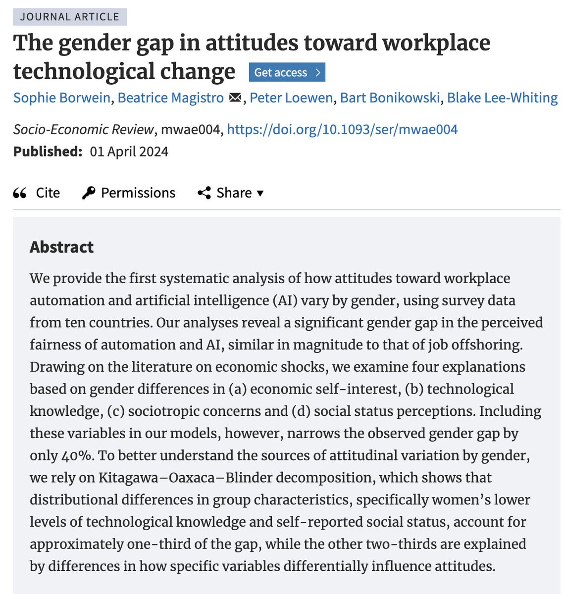 Thrilled to share our new publication: 'The gender gap in attitudes toward workplace technological change' with @SBorwein, @PeejLoewen, @bartbonikowski and @blakelw in @SASE_Meeting academic.oup.com/ser/article-ab…