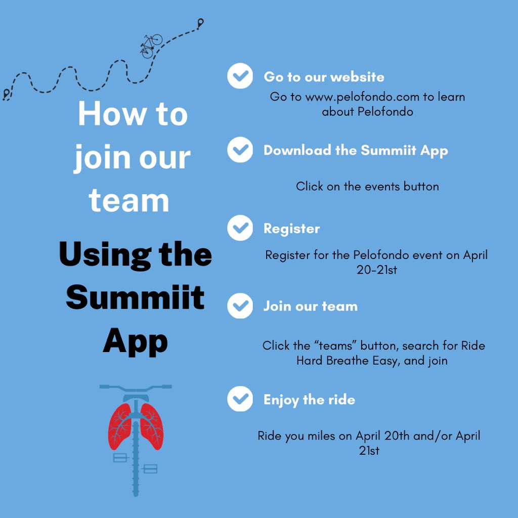 Join us for PELOFONDO weekend on April 20-21, as we ride Any Bike, Any Distance, Anywhere, raising awareness and funds for lung cancer patients!

How To Join our Team: