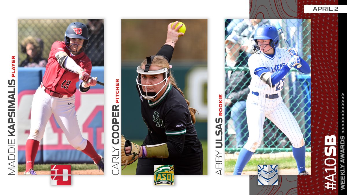 🥎 SOFTBALL WEEKLY AWARDS 🥎 PLAYER: Maddie Kapsimalis | @FlyerSoftball PITCHER: Carly Cooper | @MasonSoftball ROOKIE: Abby Ulsas | @SLUSoftball 🔗 atlantic10.com/news/2024/4/2/… #A10SB