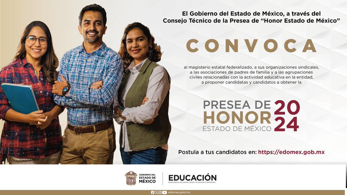 Amigos ¡Tu labor educativa merece ser reconocida!
Regístrate o registra a tus candidatos a la #PreseaDeHonor Estado de México 2024.
Conoce los requisitos en la convocatoria 👉🏻 edomex.gob.mx
#OrgulloMexiquense registrate hasta el 26 de abril 2024.