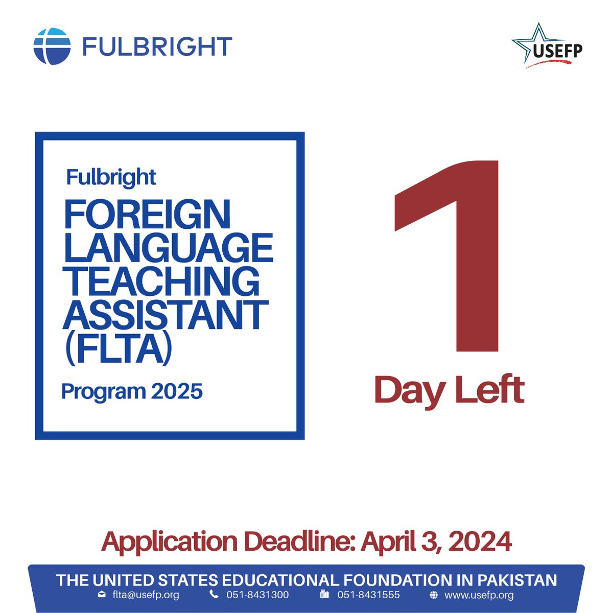 Reminder: The #Fulbright FLTA application closes tomorrow! Are you an English language teacher at a college or university in Pakistan? Apply for the #FLTA Program to enhance your language proficiency and teaching skills. To apply, visit usefp.org #USEFP #USPAK