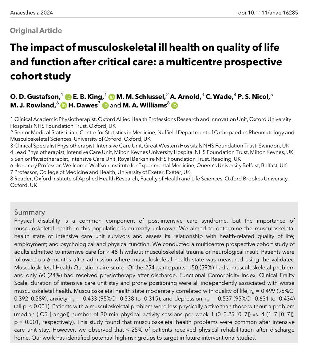 🔓The impact of musculoskeletal ill health on quality of life and function after critical care👇 @OxfordICUPhysio @LizKing2510 @m_schlussel @amythephysio @2_carlashaw @PhysioPhil2 @matthewjrowland @helendawes2 @mawilliamsinOx 🔗…-publications.onlinelibrary.wiley.com/doi/10.1111/an…