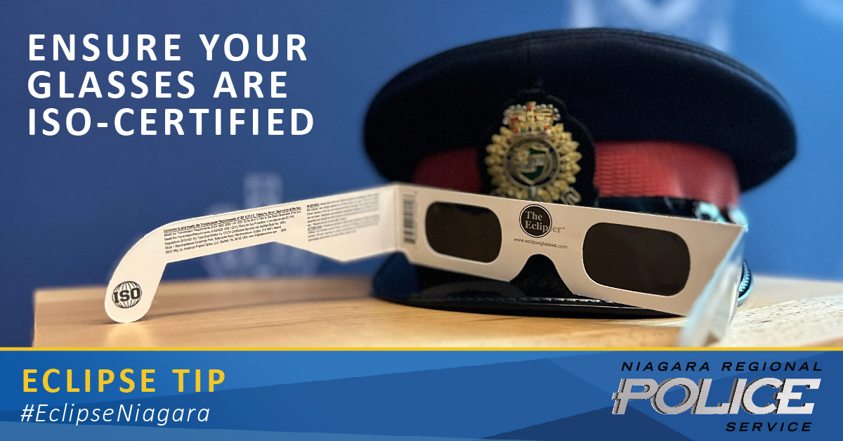 NiagRegPolice's tweet photo. Do you have your eclipse glasses? Remember to ensure they are ISO-certified and from a reputable vendor to avoid eye damage. 

To learn more about eye safety during the eclipse, please see the link below:
https://t.co/Zu3cHvtnrh

#EclipseTip #EclipseNiagara https://t.co/xwtEXUTWJK