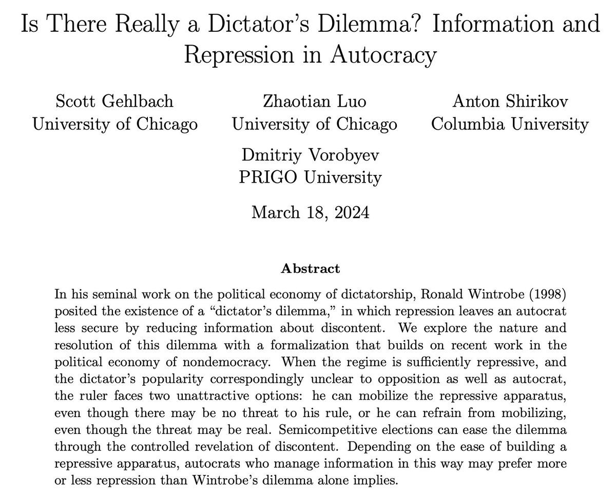 You have likely heard of the “dictator’s dilemma,” in which repression reduces knowledge of discontent and thus loosens an autocrat’s hold on power. But is the dilemma real? And what do dictators do to ease it? We have an answer. osf.io/preprints/soca…
