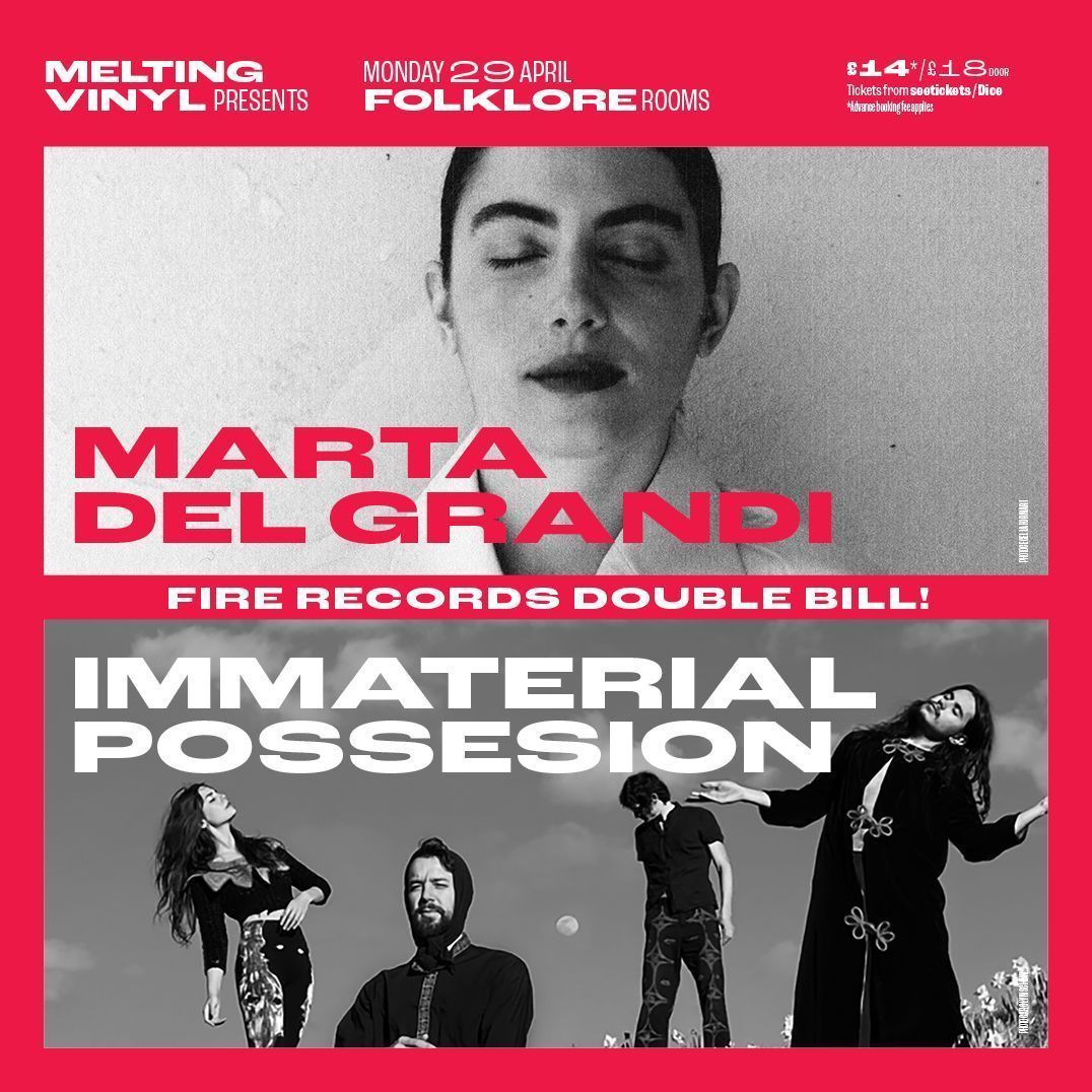 Immaterial Possession @immpossession - 4 piece from Athens, Georgia, conjuring a homegrown brew of folk and psychedelia + @MartaDelGrandi - an eclectic singer songwriter creating a unique genre-splicing style. Play @folklorerooms Mon 29th April Tix & info: bit.ly/MeltingVinylTi…