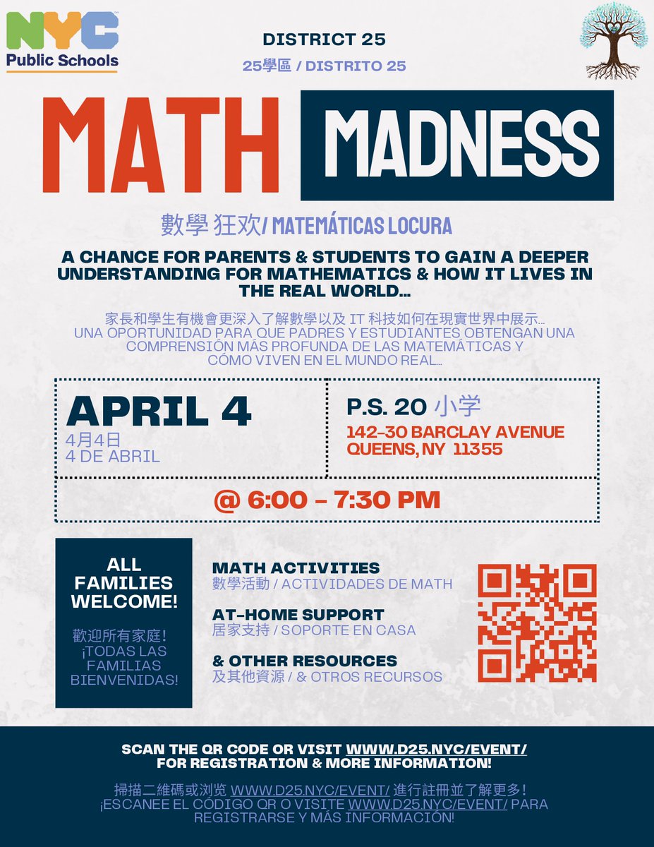 PS 20 is hosting a @NYCSchoolsD25 Math Madness event on Thursday. Parents are encouraged to attend with their students to gain a deeper understanding of math and how it affects us in our everyday lives. Register here: docs.google.com/forms/d/e/1FAI…
