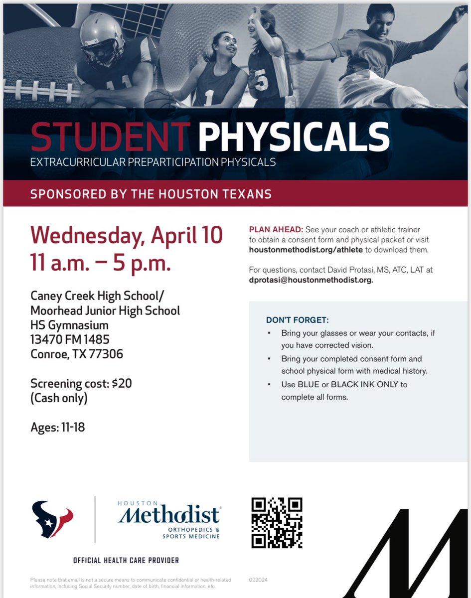 It’s the time of year again to get your physical done.  It will be Wednesday April 10th at Caney Creek High School gym.  11am-5pm.  $ 20 cash!!!  <a href="/CCPantherSports/">CCHS Athletics</a> <a href="/CaneyCreekHS/">Caney Creek High School, Conroe ISD</a>