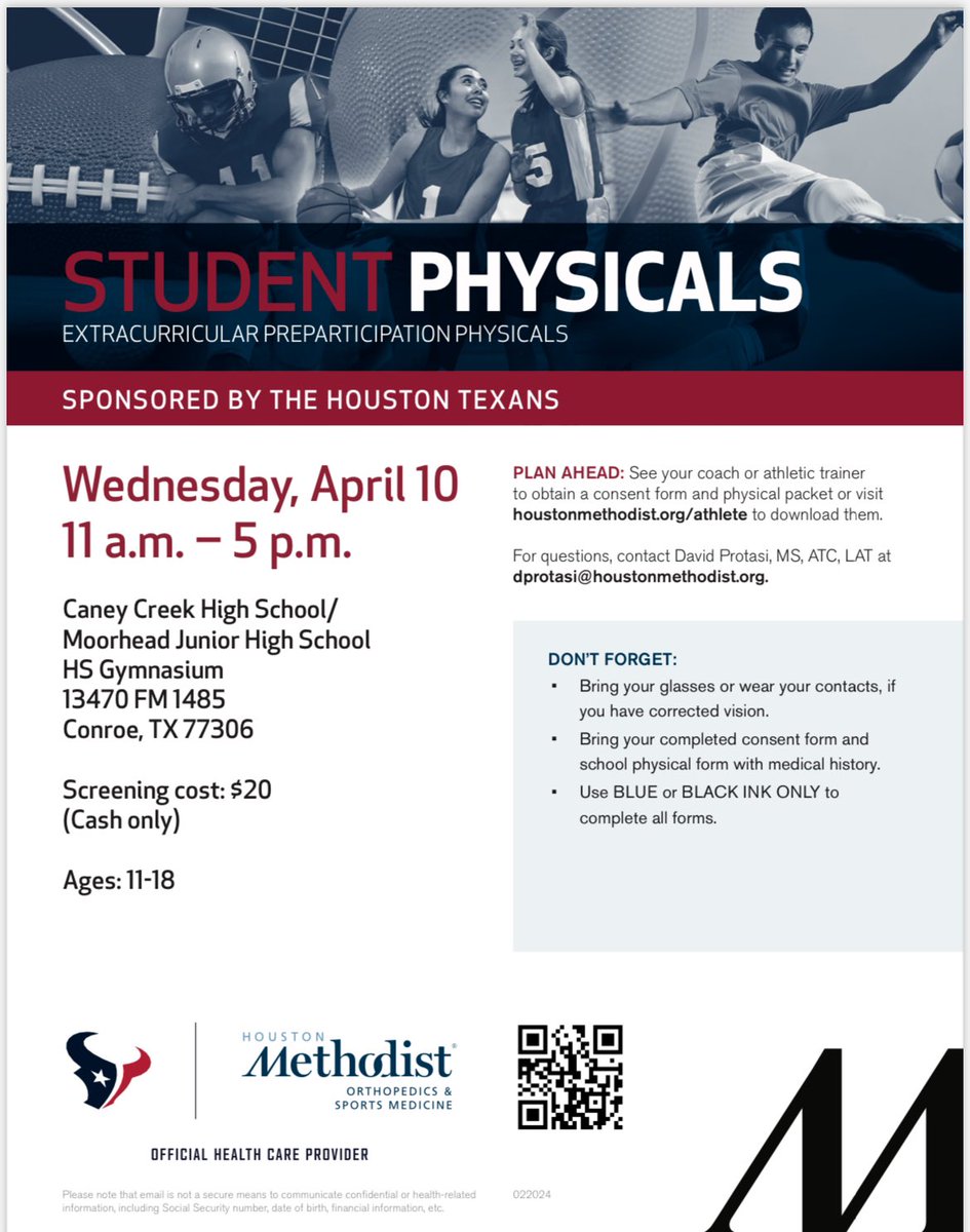 It’s the time of year again to get your physical done. It will be Wednesday April 10th at Caney Creek High School gym. 11am-5pm. $ 20 cash!!! @CCPantherSports @CaneyCreekHS