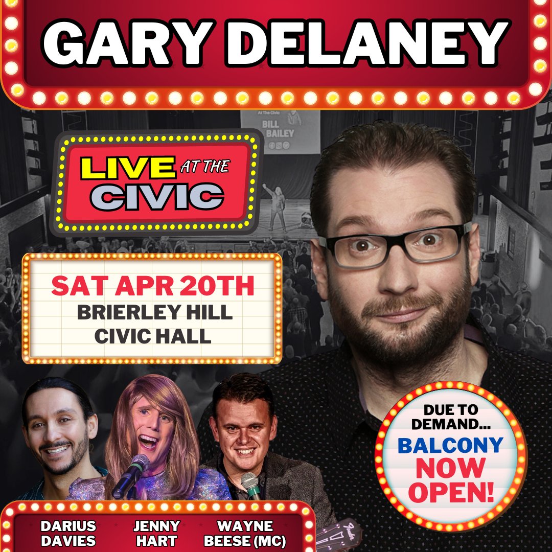 BALCONY SEATING NOW AVAILABLE! Due to demand we've opened the balcony for our next Live At The Civic show @BHillCivic , headlined by the one-liner king @GaryDelaney ! Get your tickets and join more than 400 others on Sat Apr 20 - book at funnybeeseness.co.uk @DariusDavies