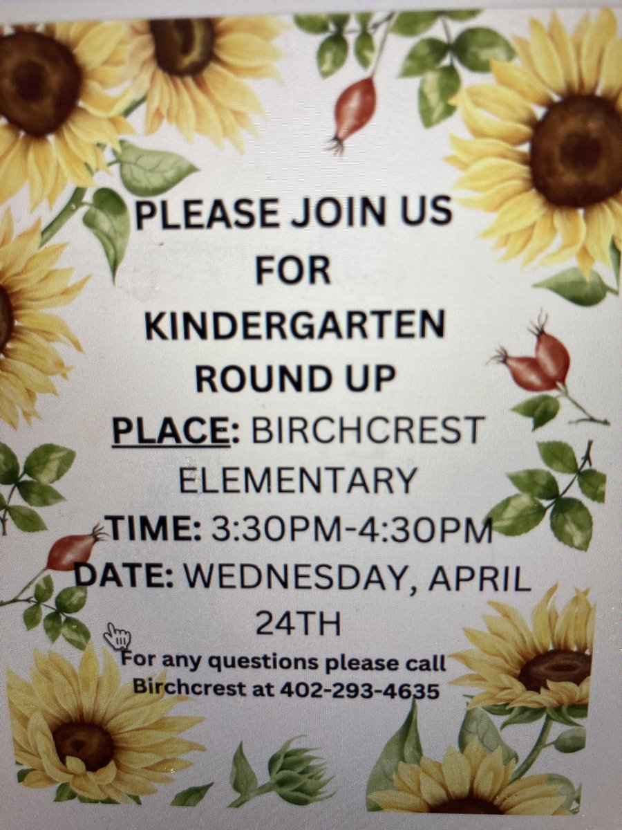 Kindergarten Roundup Wed. April 24th, 3:30-4:30. Anyone that has a soon to be kindergarten student in the Birchcrest attendance area please attend. #bctigers #bpsne