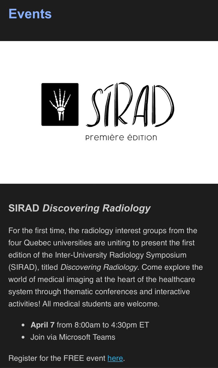So proud to see SIRAD’s inaugural event come to life!

If you’re a 🇨🇦 medical student interested in learning more about Radiology, this is your chance! 

A big thank you to all four Quebec Radiology Interest Groups and a big shoutout goes to Samir Akeb, incoming UdeS Rads PGY-1