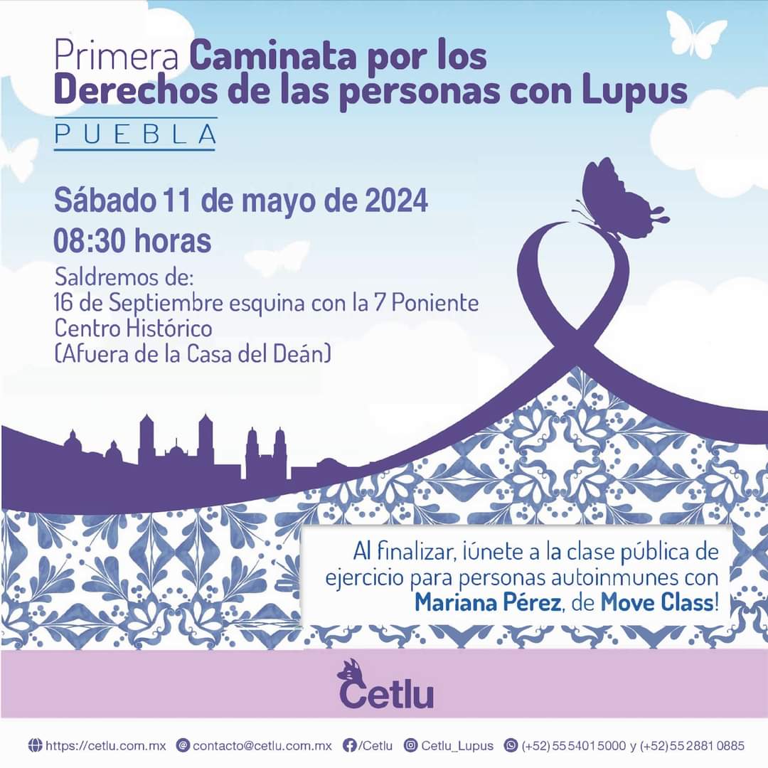 lauraathie's tweet photo. Primera Caminata por los derechos de las personas con lupus en Puebla: ¿Sabías que el 10 de mayo es el Día Mundial del Lupus? Marchar es un acto político que visibiliza las desigualdades. ¡Marcha con nosotras!
Sábado 11 de mayo 2024, 08.30 hrs.
16 de Septiembre esquina con la 7 Poniente, Centro Histórico
Frente a la Casa del Dean
Ve de morado y. ¡lleva una manta con el logo de tu grupo o tu asociación! Puedes llevar consignas, pancartas, lo que gustes.
Al finalizar, ¡únete a la clase pública de ejercicio para personas autoinmunes con Mariana Pérez de Move Class!
.
Recuerda llevar bloqueador solar, sombreros o gorras y muchas ganas de visibilizar el lupus.

@DespertarLupus
@LupusRgmx
@amaliagarciamx
@KaryAthie 
@50mas1Mx 
@Lupus_Chile 
@Felupus 
@VivirConLupus1 
@CetluLupusMex