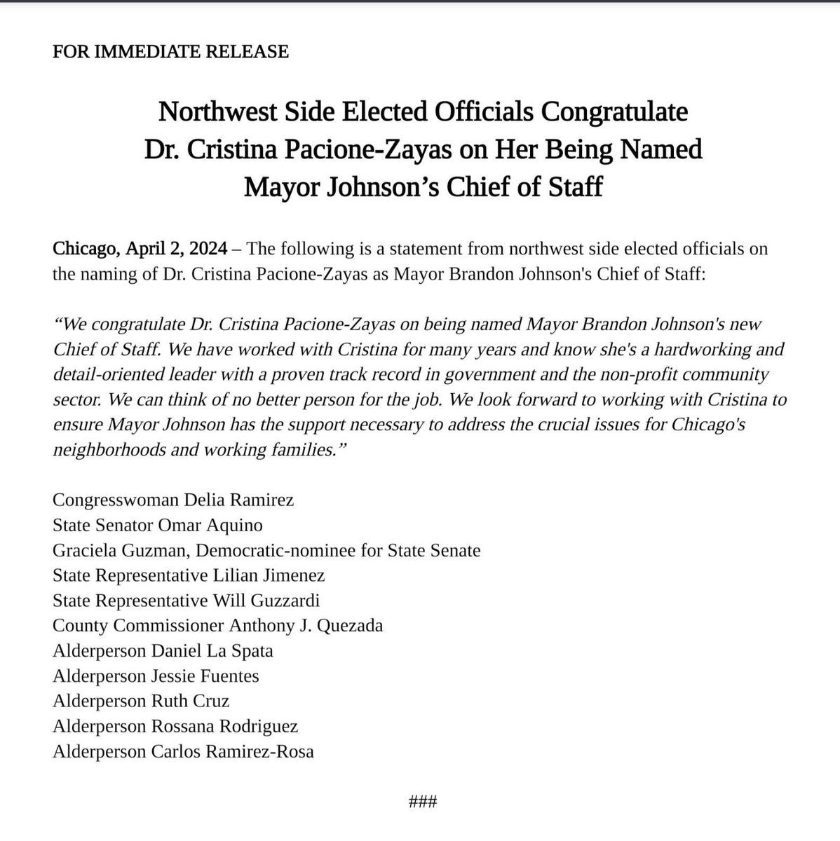 Congratulations @DrCristinaPZ on your appointment to be @ChicagosMayor's Chief of Staff. We look forward to working with you to address the critical issues facing our city.