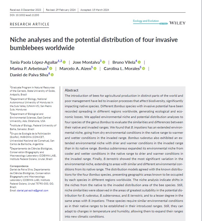 New article published 
In this work, we explored the new concept of "niche shifting", using species distribution models we compared the native (historical) and actual niche models for commercial bumble bee species shorturl.at/btKV4 #bombus