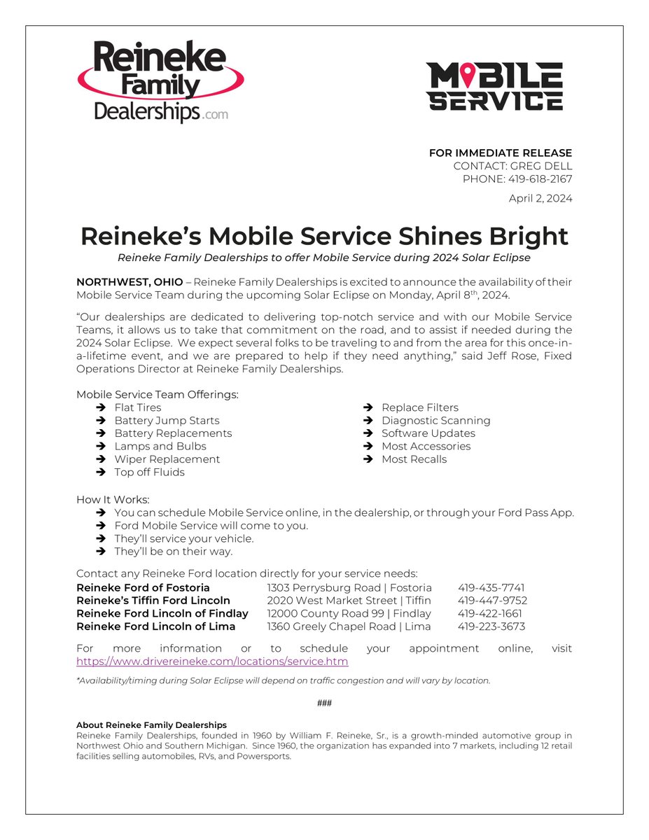 🌞🚗 Reineke Family Dealerships offer Mobile Service during 2024 Solar Eclipse 🌑✨

#SolarEclipse2024 #SolarEclipseOhio #FordMobileService #ReinekeMobileService #GetYourKeyFromReineke