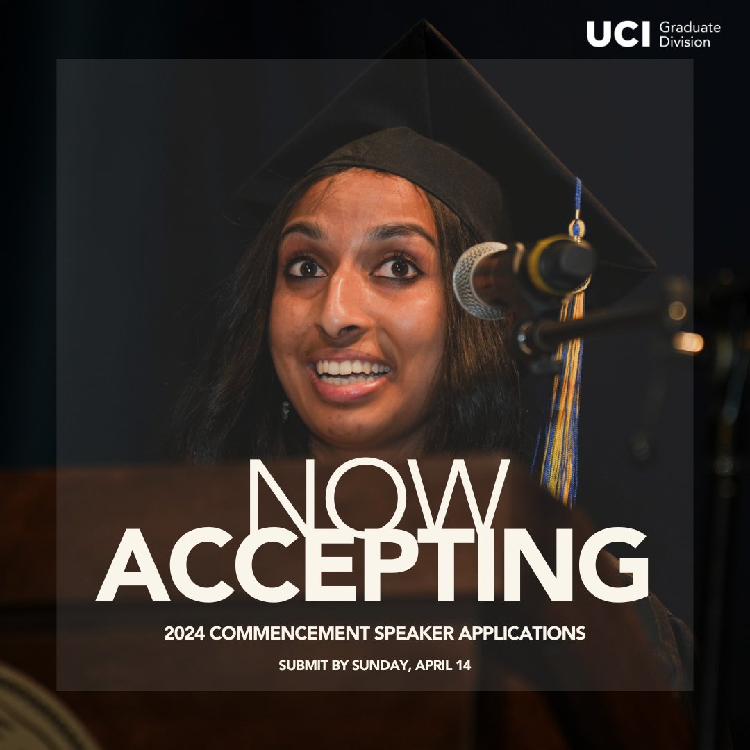 📣 #GradEaters, we are currently accepting applications for this year's commencement speaker! 🔗 Apply at: bit.ly/49ni1PA 🗓️ Submit by Sunday, April 14th #UCIGradLife #UCICommencement
