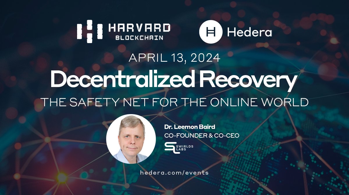 🎓 #Hedera Co-Founder @leemonbaird joins the @HBSCryptoClub Harvard Blockchain Conference 2024 later this month to share his insight on the work being done on Decentralized Recovery (DeRec) and its importance to the global adoption of #web3! 🎟️ eventbrite.com/e/harvard-bloc…